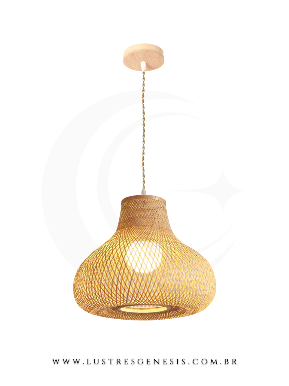 Luminária pendente redonda de fibra de bambu Fatu 40cm, ideal para mesas, balcão de cozinha, área gourmet e sítios, modelo GMH Trade.